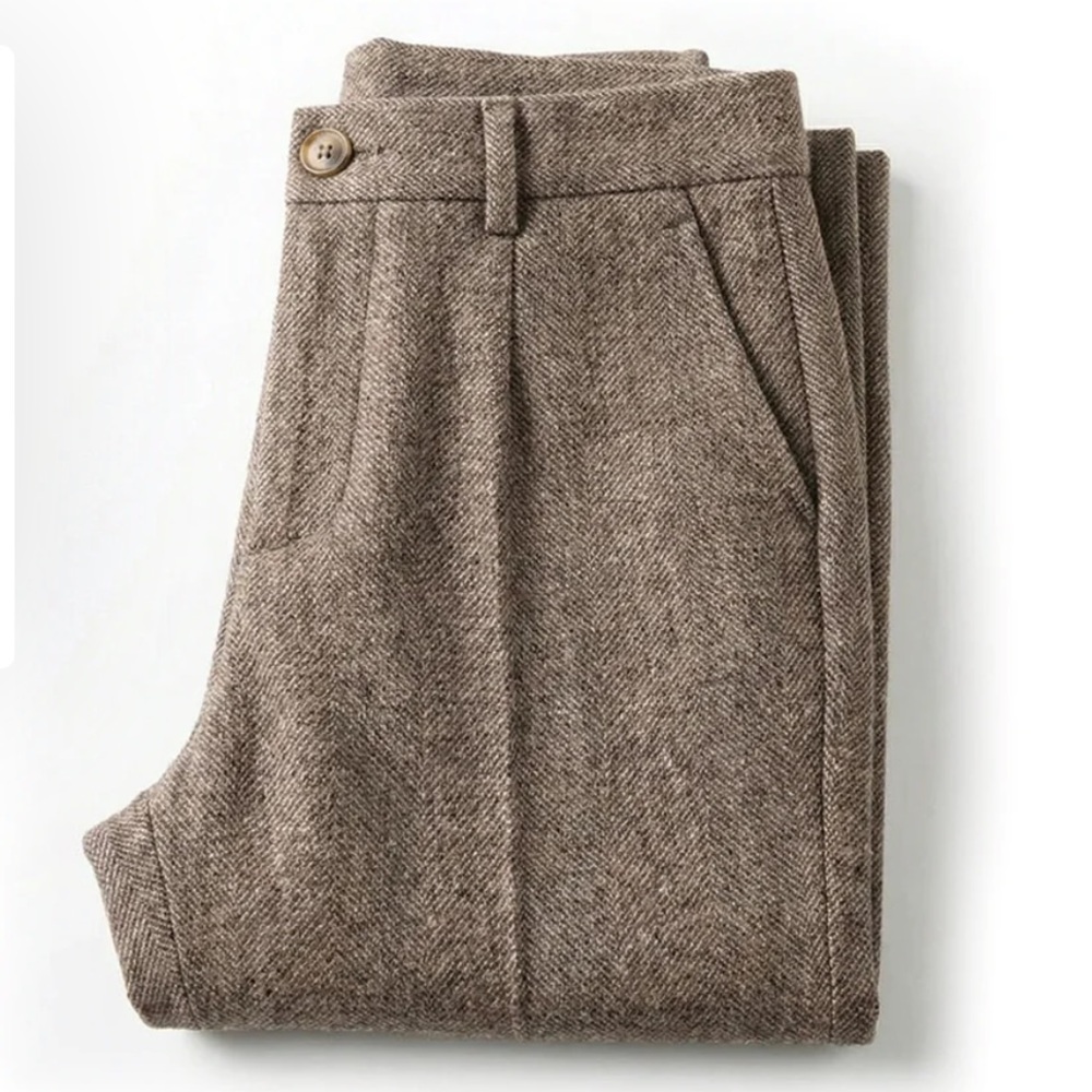Men's Brown Herringbone Wool-Blend Pants